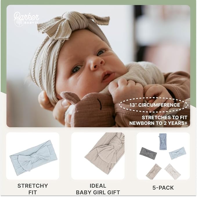 Parker Baby Cable Knit Nylon Headbands 5 Pack | Soft, Stretchy & Comfortable Bows for Girls | Adjustable, Soft to Touch & Knotted Headbands for Baby Girls | Baby Headwraps for Girls | Multiple Colors