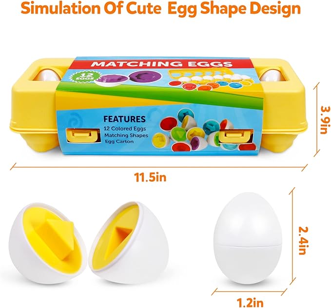 Montessori Geometric Eggs,12 pcs Set Color & Shape Egg Puzzle Toys Matching Eggs for Toddlers 1-3,Preschool Educational Sorting Game Fine Motor Toy Easter Gifts for Kids Boys Girls