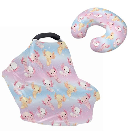 Axolotl Carseat Canopy Cover Replacement Durable Baby Nursing Pillow Cover 2pcs Baby Essentials Sets Cute Babies Shower Stuff for Newborn Baby Feeding Essentials