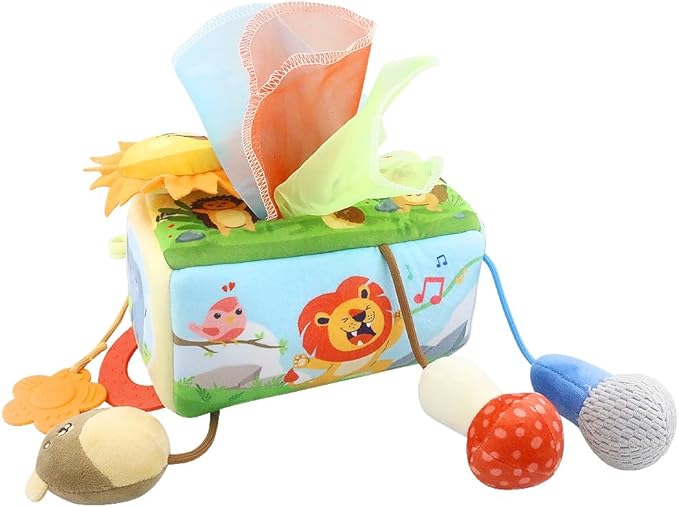 Caterbee Baby Sensory Tissue Box Toy with Hanging Hook – Pull Out Fabric Tissues, Rattle & Teether, Montessori Stroller & Car Seat Toy for Infants (Forest)