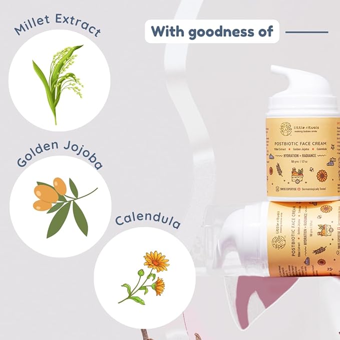 Little Rituals Baby and Kids Post-Biotic Face Cream Moisturiser - Hydration + Radiance, Formulated with Golden Millets, Jojoba, Calendula, Natural, Organic, Dermat Tested, Swiss Technology (50 gm)