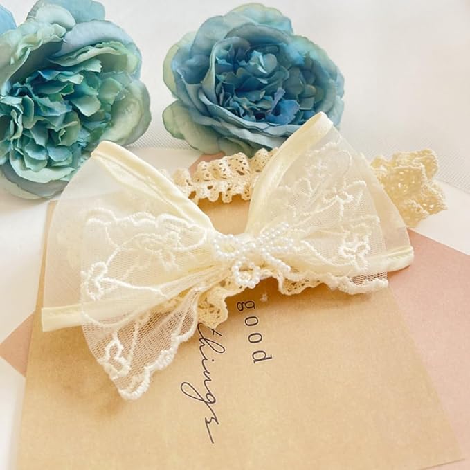 Cute Baby Girl Lace Headband Lace Bow Hair Accessories Elastic Bow Head Wrap for Newborn Infant Toddler Christening Baptism Party Hair Accessories for 0-36 Months (Ivory C, Free)