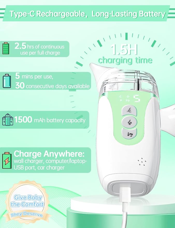 Nasal Aspirator for Baby,2-in-1 Smart Electric Nose Sucker, 2026 Upgraded with AI Anti-Backflow Protection,70Kpa Hospital-Grade Suction,15ml Large Capacity,5 Levels,Ultra-Quiet with Music-Green