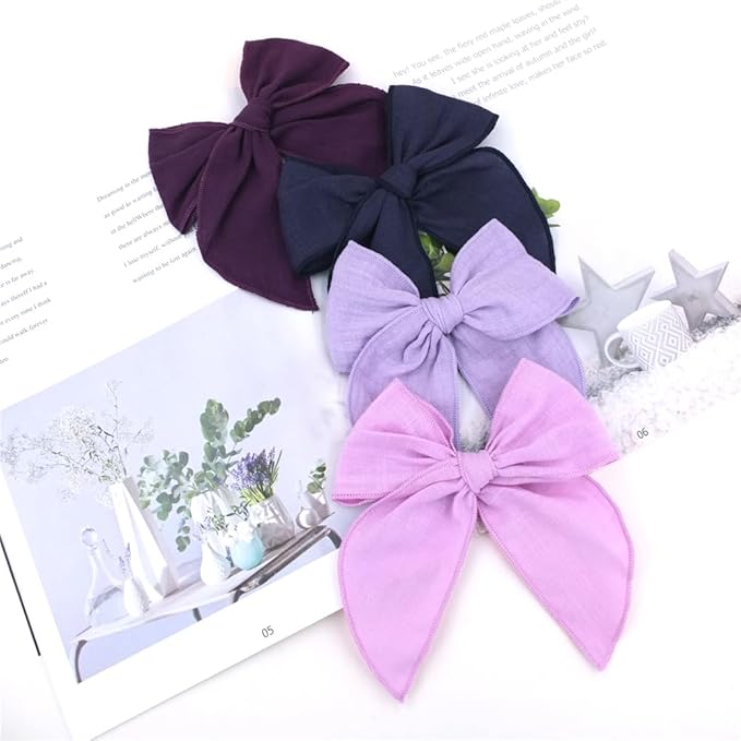 Pack of 4 Gorgeous Fable Bow Hair Clips for Girls Women Linen Hair Bow Alligator Clips Toddler Baby Mom Young Girl Hair Accessories (Lilac/Navy)