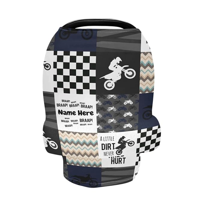 Personalized Baby Car Seat Cover for Boys Girls, Custom Nursing Covers for Breastfeeding with Name, Infant Stroller Cover, Baby Carseat Canopy for Newborn, Multiuse Car Seat Canopies, Dirt Bike Black