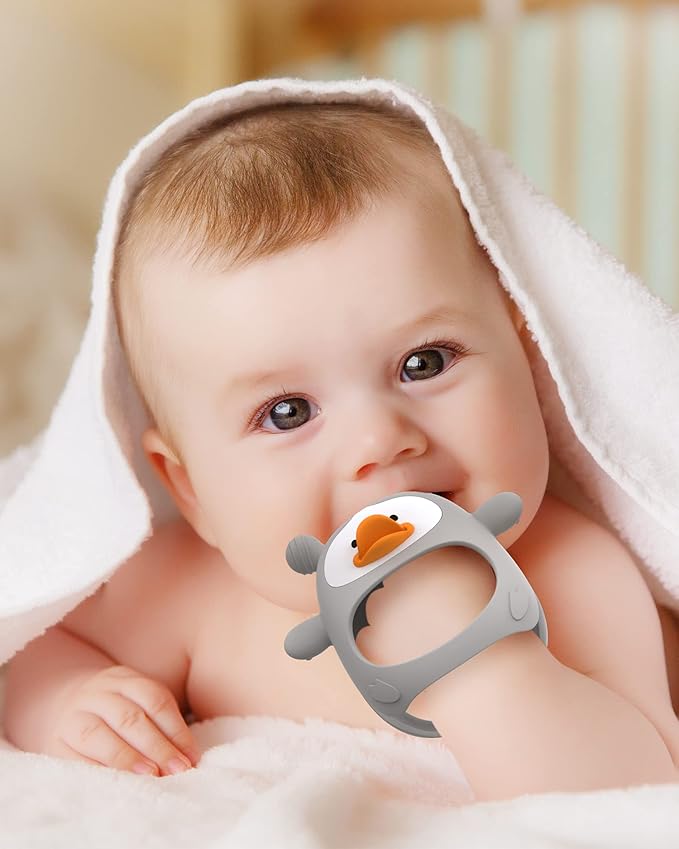 Baby Teething Toys,Silicone Baby Teether Toy for Infants 3+ Months, Never Drop Silicone Baby Mitten Teether for Soothing Teething Pain Relief, Baby Chew Toys for Sucking Needs, BPA Free (Grey)