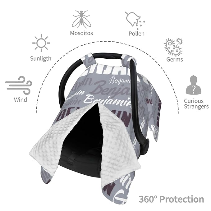 Personalized Baby Car Seat Canopy for Babies, Custom Name Baby Car Seats Covers for Boys Girls, Opening Minky Nursing Breastfeeding Cover for Infant, Carseat Canopies for Newborn (Gray)