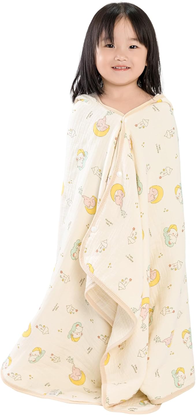 Hooded Towel Muslin Hooded Towel Made from Organic Cotton 6-Layer Cotton Bath Towel, Soft Bath Towels 25x51inches for Toddler Baby (Splashing Elephant)