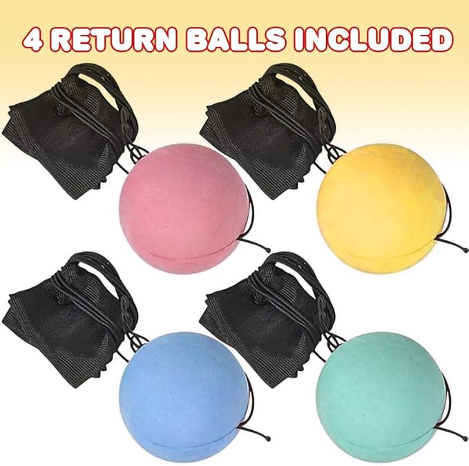 ArtCreativity Foam Return Balls Set of 4 – 2.25" Durable Rebound Balls with String, Assorted Colors, Fun Wrist Ball Toys for Kids, Party Favors, Carnival Prizes, Gifts for Boys & Girls, Indoor Play