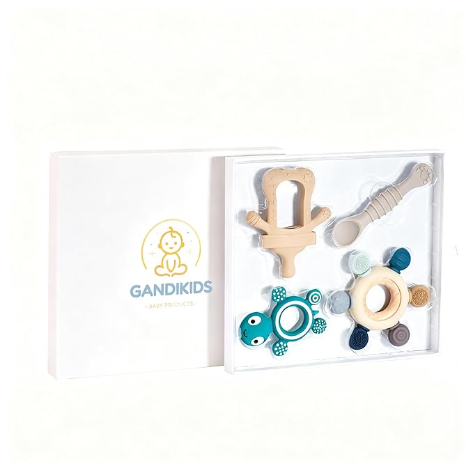 Baby Silicone Teething Ring Teether Gift Set for Boys and Girls Over 3 Months Soothes Gums Fits Small Hands Ergonomic Design Set of 4 Toys Ideal Gift Box BPA Free