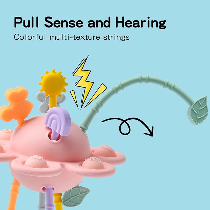 Montessori Sensory Toys for Babies,Silicone Teething Toys Pull String Baby Toy 18 Months (Pink)