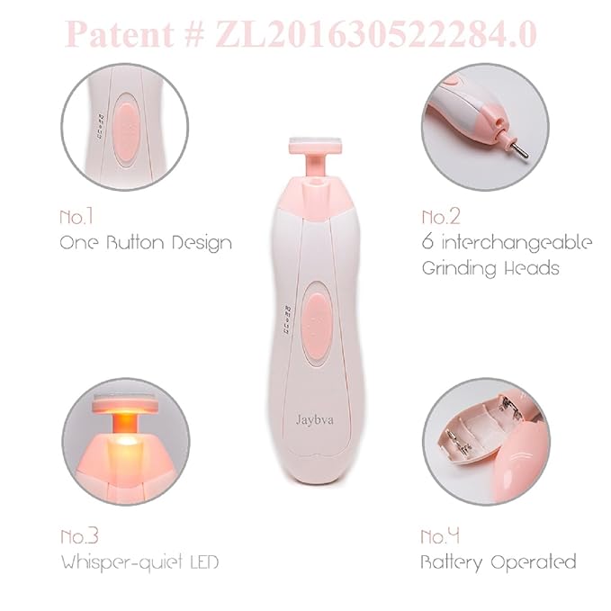 Baby Nail File Electric Baby Nail Trimmer - Jaybva Safe Baby Nail Clippers Cutter for Newborn Children Kids with 6 Cushions Pink
