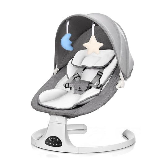 Baby Swing for Newborn to Toddler, 5 Speed Portable Infant Swing with Smart Touch Control, Remote Control, 10 Lullabies, Timer, 5 Point Harness and Soft Fabric (Grey)