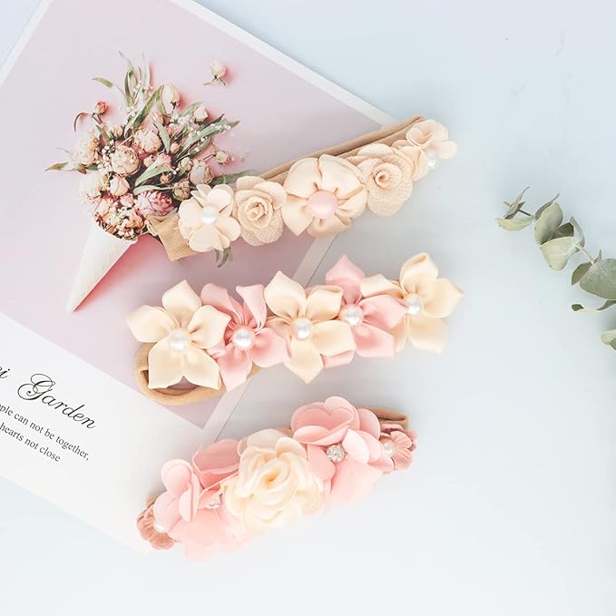 Baby Girl Flower Headbands Set, 3pcs Elastic Nylon Floral Hair Band, Bows Wrap for Infant Newborn Toddler