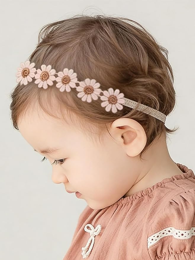 Baby Girls Flower Crown Headband Lace Handmade Floral Headbands Soft Elastic Band Daisy Hairband Newborn Infant Toddler Kids for Christening Baptism Birthday Party (Pink, Daisy)
