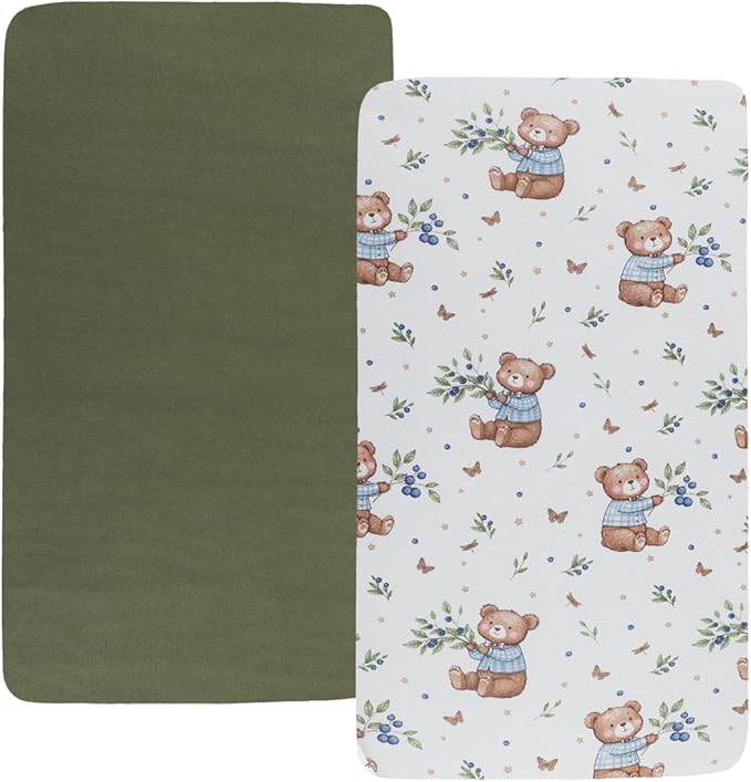 Pack n Play Sheet Stretchy Fitted Portable Mini Crib Sheets Set 2 Pack,Playard Sheets Convertible Playard Mattress Cover,Ultra Soft Jersey Material, Light Green & Bear Leaf