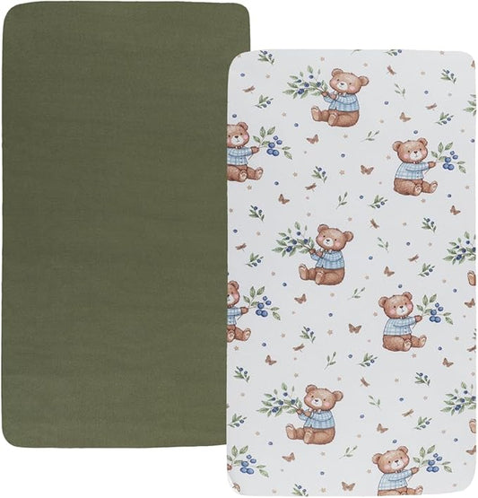 Pack n Play Sheet Stretchy Fitted Portable Mini Crib Sheets Set 2 Pack,Playard Sheets Convertible Playard Mattress Cover,Ultra Soft Jersey Material, Light Green & Bear Leaf