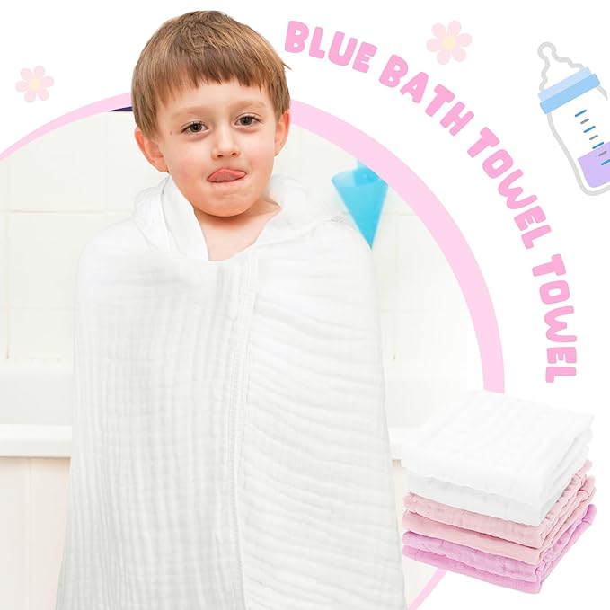 Peryiter 8 Pack Baby Bath Towels and Wash Cloth Set Muslin Hooded Soft 100% Cotton Baby Hooded Bath Towel Absorbent Towels Cloths for Babies, Infant, Toddler and Kids Newborn(Pink Series)