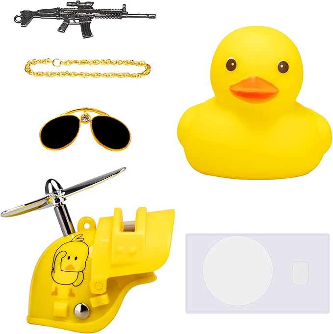 wonuu Rubber Yellow Duck Car Ornaments Cool Duck Car Dashboard Decorations with Propeller Helmet Sunglasses (Duck-Yellow G)
