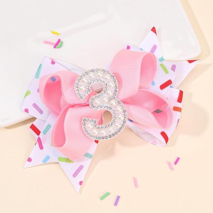 Birthday Pearl Hair Bow Clips for Baby Girls - 2Pcs Sweet Pink Hair Clips Number 3 Made of Many Small pearls for 3rd Birthday Bow Party Decorations for Girls Toddlers Hair Accessories
