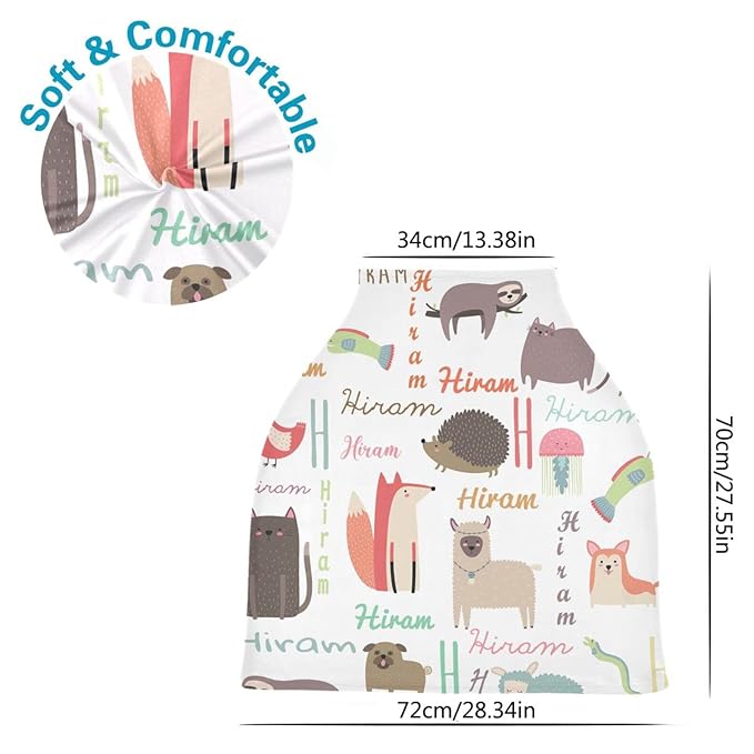 Personalized Baby Car Seat Cover with Name, Customized Multi Use Nursing Cover Breastfeeding Covers, Stroller Sun Shade Cover Canopy, Shower Gifts for Newborn Girl Boy, Cartoon Animal