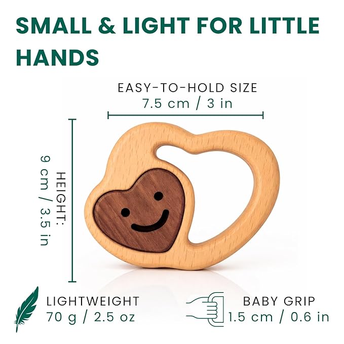 Wooden Baby Rattle & Teething Ring Heart | Natural Montessori Teething Toy Babies 0-3 3-6 6-12 Months | Non-Toxic Organic Hardwood Teether | Safe Sensory Toy Boys Girls | Baby Gift