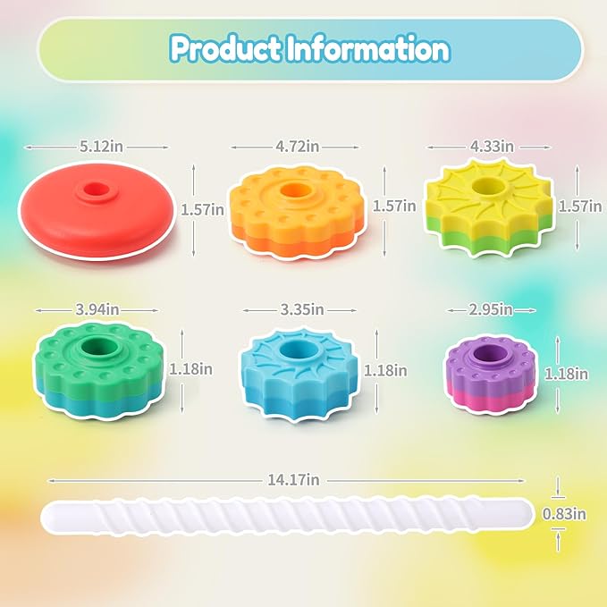 Riuja Baby Spinning Stacking Toys, 1-3 Rainbow Ring Stacker Montessori Toys for Babies, Sensory Toys for Toddlers, Christmas and Birthday Gifts Suitable for Boys and Girls (14 inches)
