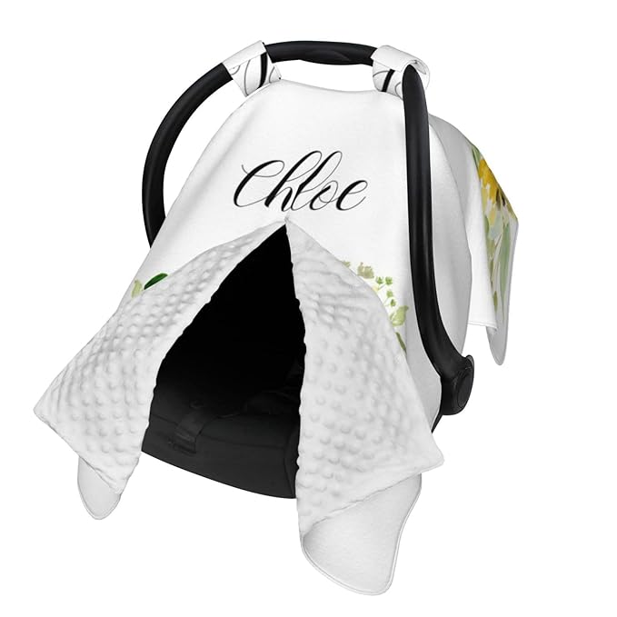 Custom Baby Car Seat Canopy with Name, Personalized Stroller Baby Car Seat Covers for Boys Girls, Minky Nursing Carseat Cover for Breastfeeding, Car Seat Canopies for Infant Newborn(Sunflower)