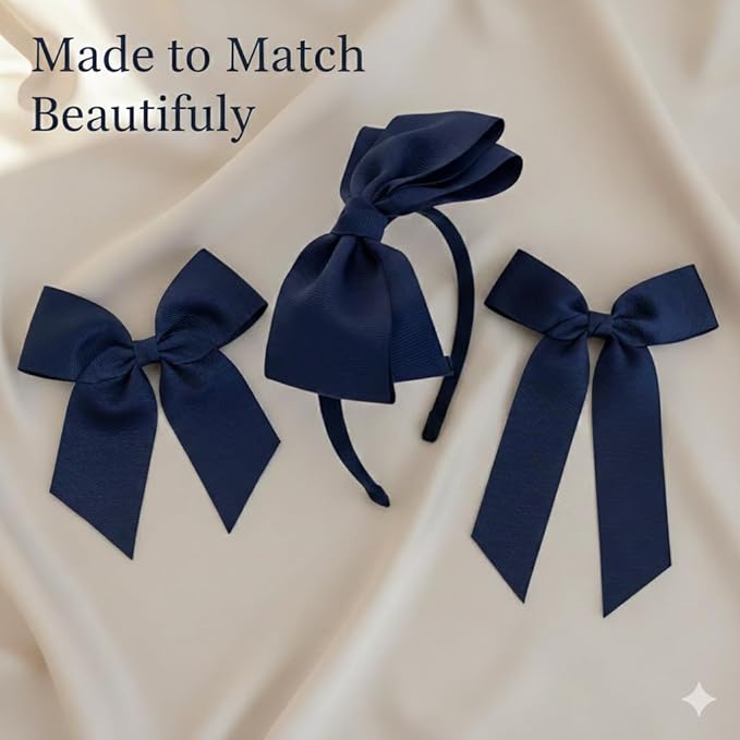 ClassExceed Navy Bow Headband for Girls 3–12 – School Uniform Hair Bow, Solid Color Ribbon Kids Headband for Everyday Wear