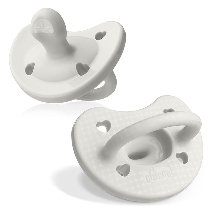 Chicco PhysioForma Luxe Orthodontic Pacifier for Babies 0-6 Months, One-Piece 100% Soft Silicone, Supports Breathing, Textured Shield & Handle, Included Sterilizing Case, BPA Free, 2-Pack, Pearl Grey