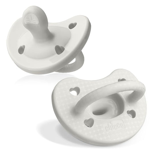 Chicco PhysioForma Luxe Orthodontic Pacifier for Babies 0-6 Months, One-Piece 100% Soft Silicone, Supports Breathing, Textured Shield & Handle, Included Sterilizing Case, BPA Free, 2-Pack, Pearl Grey