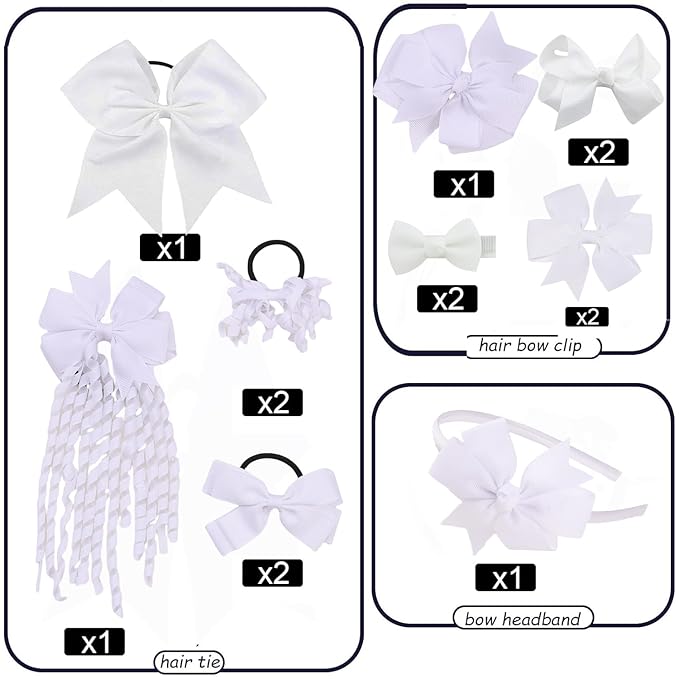 School Hair Accessories Set 14 Pcs Uniform Hair Bow Headband Clips Hair Ties Curly Korker Bows for Little Toddler School Girls (White)