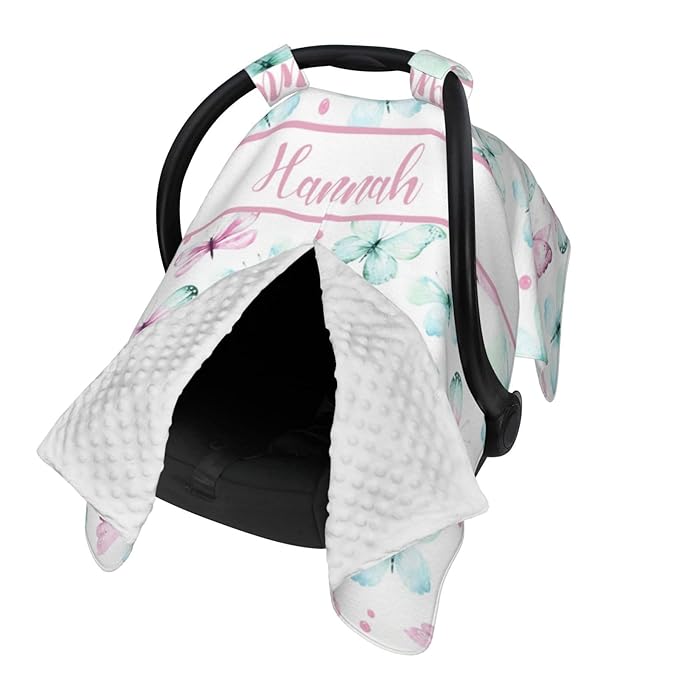 Custom Baby Car Seat Canopy for Babies with Name, Personalized Stroller Car Seat Covers for Girls, Butterfly Minky Nursing Carseat Cover for Breastfeeding, Car Seat Canopies for Newborn