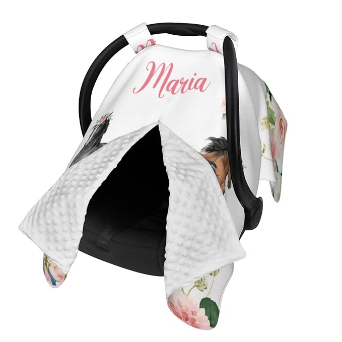 Personalized Baby Car Seat Canopy for Babies, Custom Name Car Seat Covers for Baby Girl, Floral Horse Opening Minky Nursing Breastfeeding Cover for Infant, Carseat Canopies for Newborn