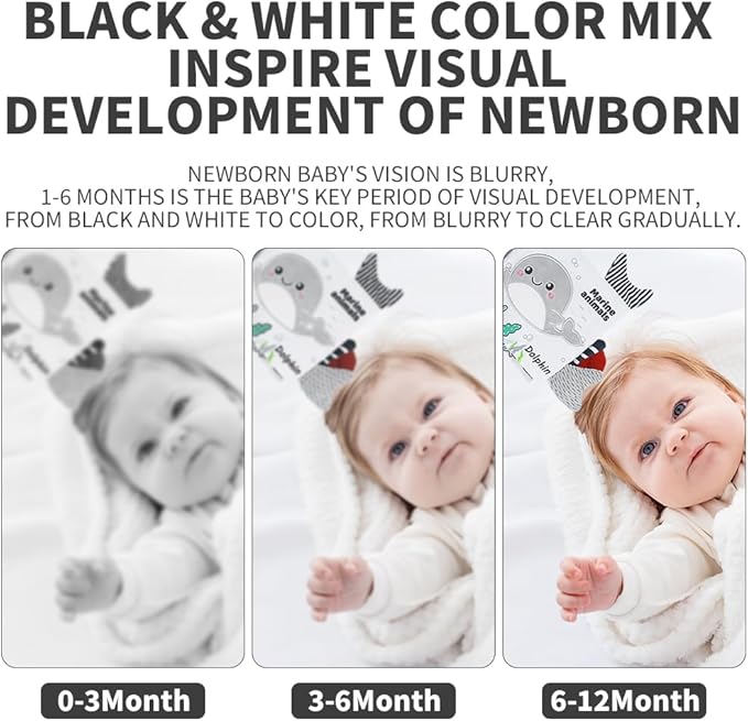 Baby Hanging Rattle Toys, Black and White High Contrast Baby Toys, Stroller Mobile Toy with Soft Plush Animal Rattles and Soothing Sounds, 4 Pack (Animal)