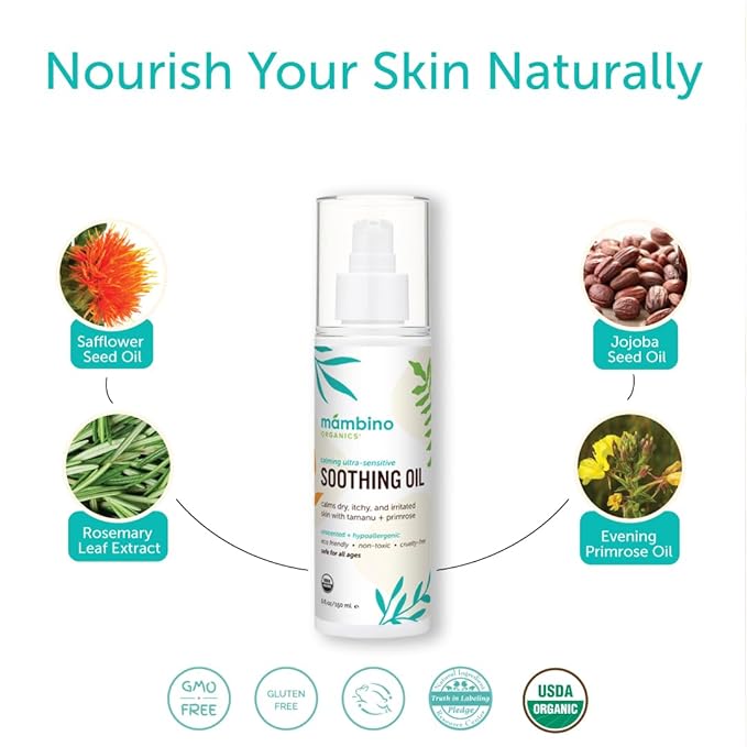 Mambino Organics Soothing Baby Oil, Body Oil for Dry, Itchy Skin, Gentle for Babies, Kids, Vegan, Baby Care Products, 2 Pack, 5 fl oz