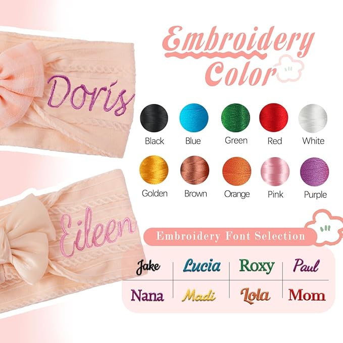 Ulico 2 Pack Cute Custom Baby Girls Headband,Personalized Girls Headband with Name,Girls Embroidered Headbands,Newborn Headbands with Bow