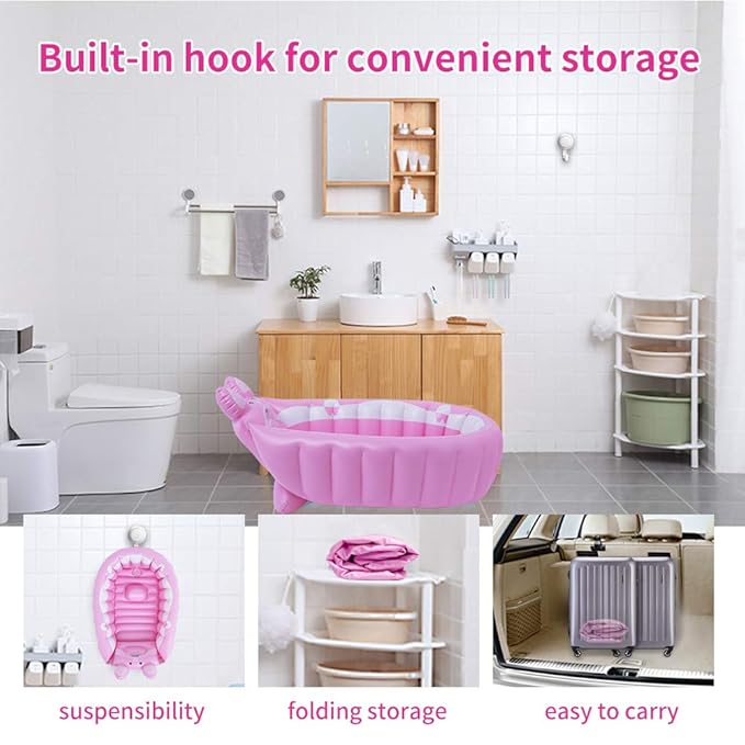 | Inflatable Baby Bathtub,Newborn Bathtub Seat for Infant,Non-Slip Baby Pool for Sitting up,Foldable Toddler Tub Shower,Portable Travel Bath for Kids 0-6 Year (Pink, Animal Print)