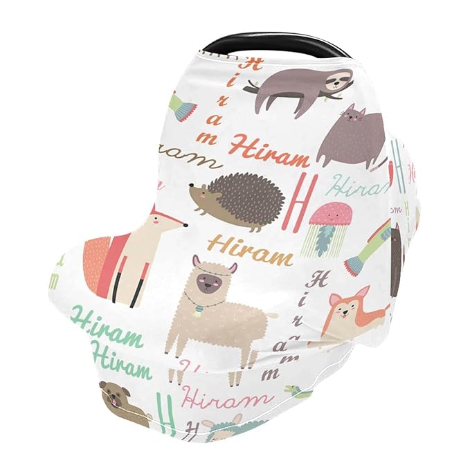 Personalized Baby Car Seat Cover with Name, Customized Multi Use Nursing Cover Breastfeeding Covers, Stroller Sun Shade Cover Canopy, Shower Gifts for Newborn Girl Boy, Cartoon Animal