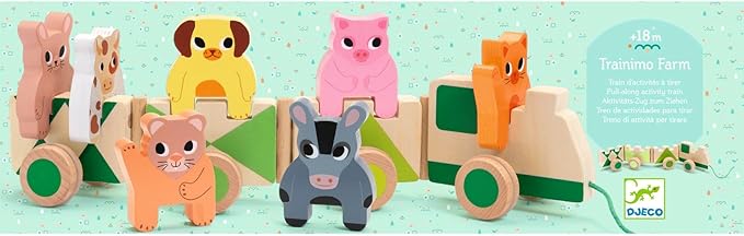DJECO Farm Animals Wooden Train - Trainimo Farm - Safe for Kids Toys, Cute Toddler Vehicle, Stackable Animals for Imagination, Active Play, Motor Skills - Perfect for Boys & Girls Ages 18+ Months