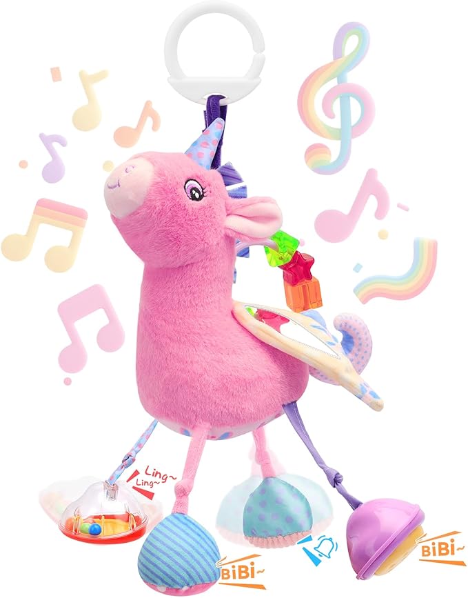 Car Seat & Stroller Toy for Girl - Musical Sensory Plush with Rattle & Mirror Baby Toys 0-12 Months Hanging Travel Carseat Toys Soft Squeaky Stuffed Animal Unicorn for Babies Gifts
