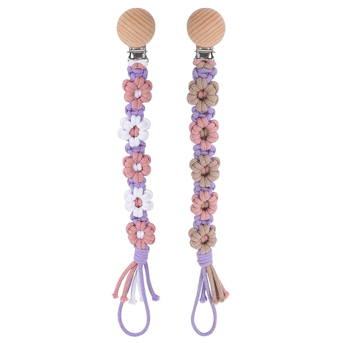 Pacifier Clip for Boys Girls Floral Daisy Macrame Baby Paci Clip Pacifier Holder Leash Boho Wooden Clips Handmade Braided Cotton Binky Clips (2pack:Lavender Style × 2)