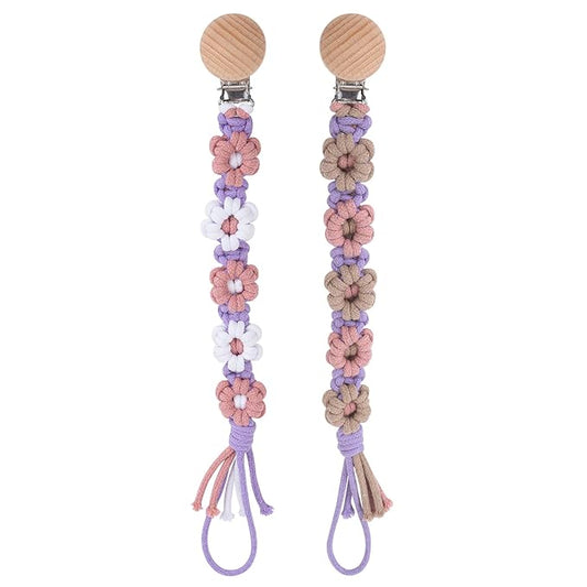 Pacifier Clip for Boys Girls Floral Daisy Macrame Baby Paci Clip Pacifier Holder Leash Boho Wooden Clips Handmade Braided Cotton Binky Clips (2pack:Lavender Style × 2)