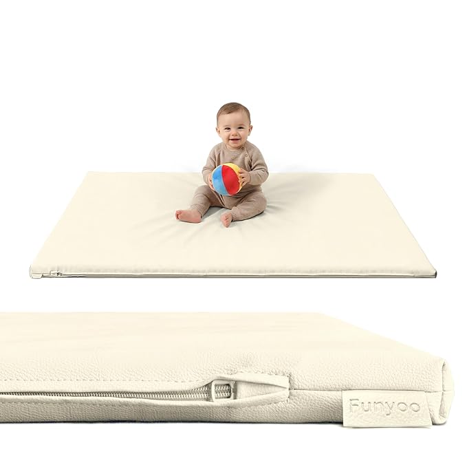 Vegan Leather Baby Play Mat, 48x48 Thicken Foam Play Mat for Infants and Toddlers, Padded & Cushioned Playpen Mat for 48x48 Playpens, 1.2" Thick, Cream