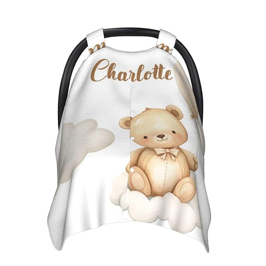 Personalized Cloud with Bear Baby Car Seat Canopy with Name – Custom Nursing Cover, Stroller Seat Cover, Breastfeeding Privacy Blanket, Soft Breathable Infant Cover for Newborn Boy Gift