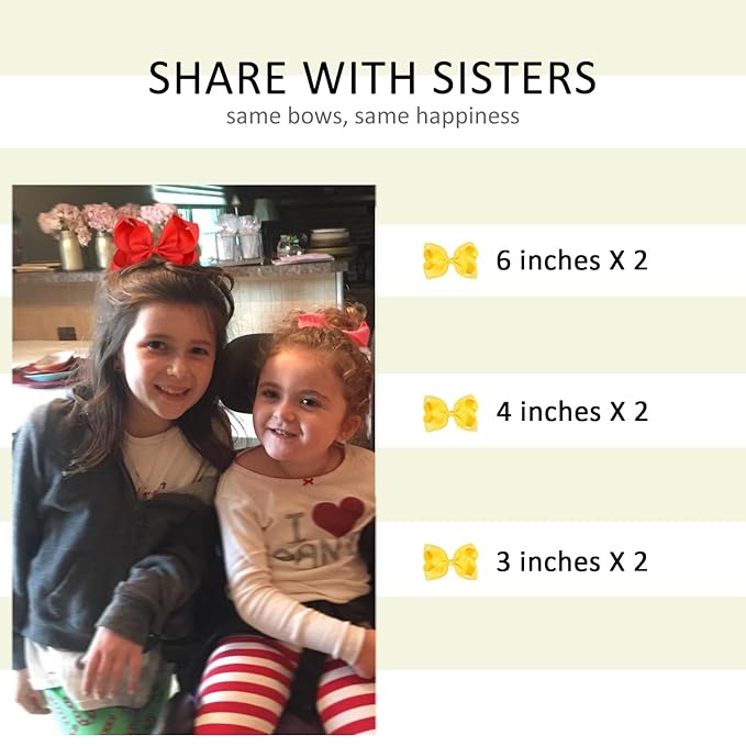 Yellow Hair Bow For Girls and Toddler - 6 pcs Yellow bows clips 6 inch ×2, 4 inch ×2, 3 inch ×2