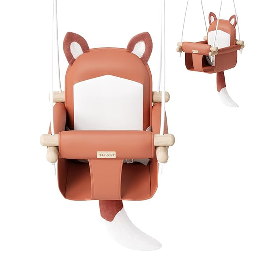 Wooden Baby Swing with Soft Safety Belt, Cozy Infant Swing Seat for Indoor & Outdoor Use, Adjustable Height, Includes Mounting Hardware – Suitable for Babies & Toddlers（Fox-Themed in Red）
