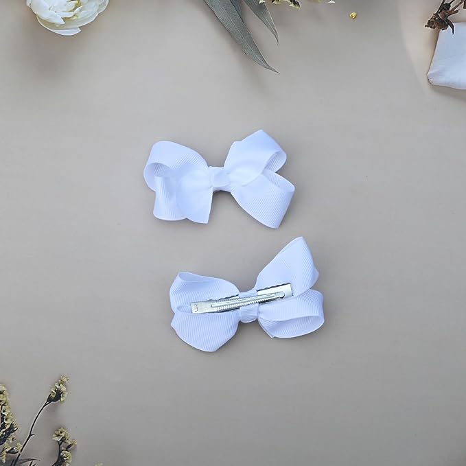 6 PCS 3" Grosgrain Ribbon Hair Bows - Alligator Clips for Toddlers in Solid Color (White)