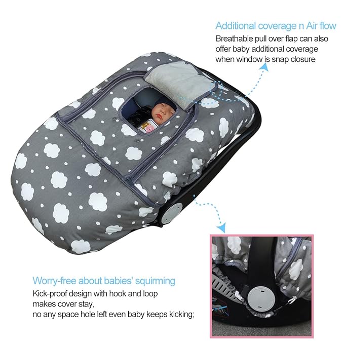 Carseat Cover, Winter Baby car seat Covers for Infant car seat, Baby Carrier Cover Canopy, Window in Door Zipper Open, Thick Padded, Grey Cloud;