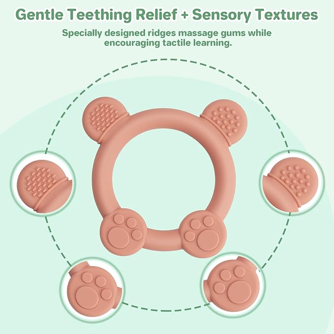 Meartchy 3 Pack Baby Teether, Bear-Shaped Silicone Teething Toys for Infants 0-24 Months, BPA-Free Chew Toys to Soothe Sore Gums (Pale Pink & Green & Blue)